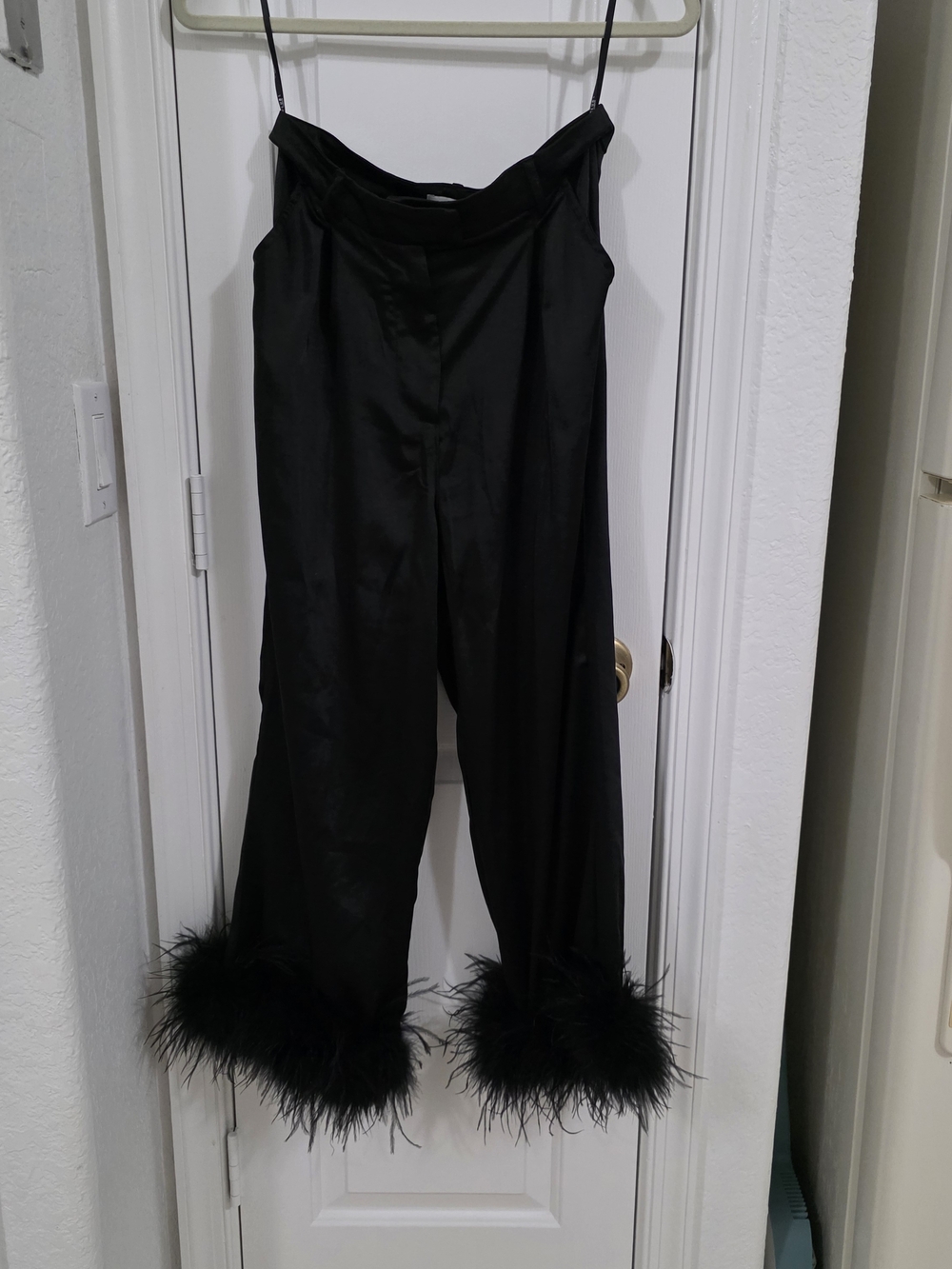 Club L London Black Satin Wide-Leg Pants with Feather Trim